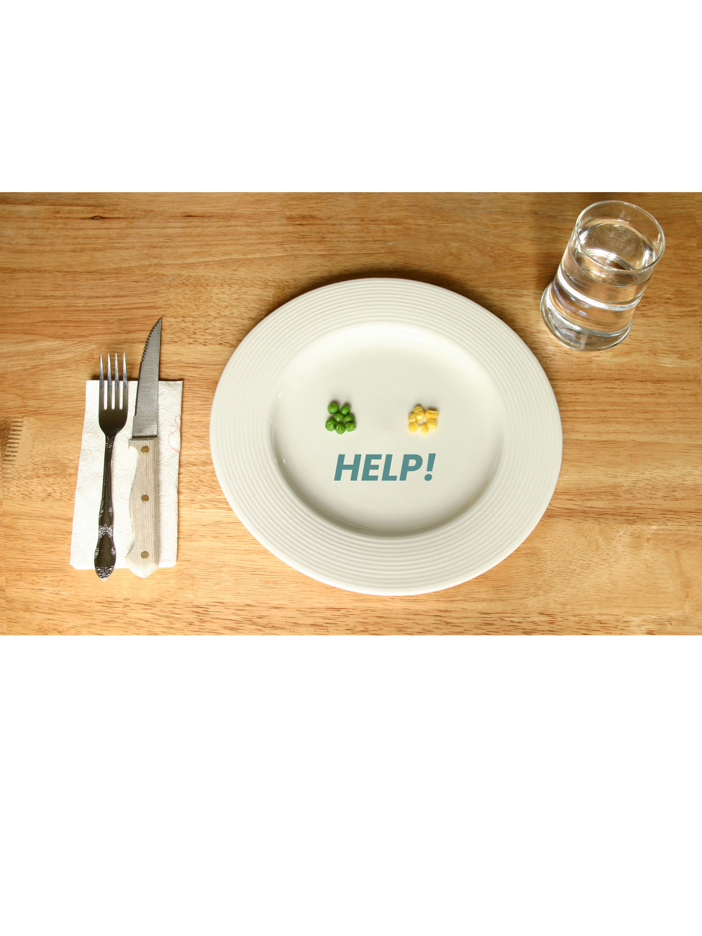 Empty plate of food shouting "help!"