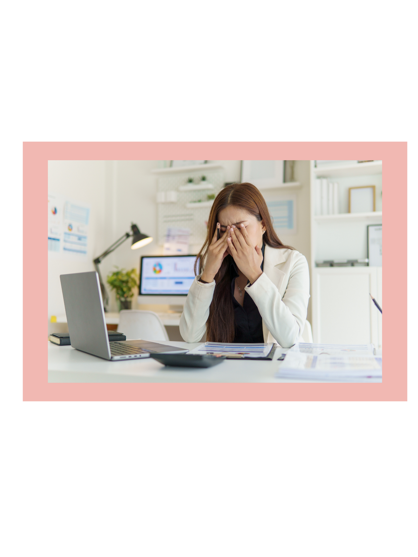 Overwhelmed successful woman hides eyes in stress. Magnolia Psychotherapy near Summit, NJ offers therapy for stress