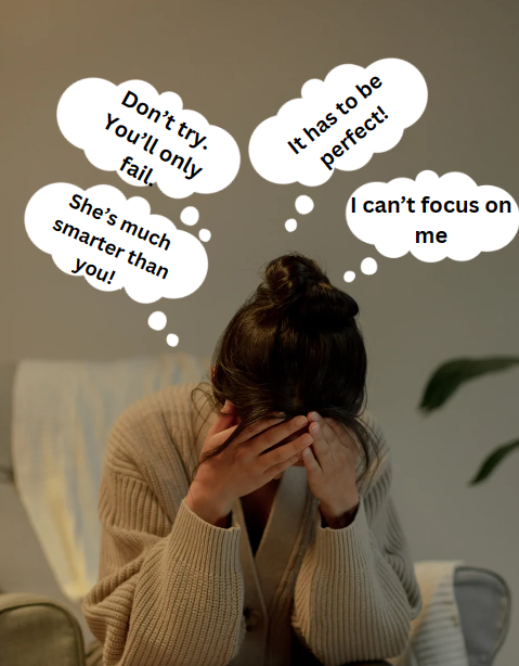 Photo of a woman with her head in her hands and multiple thought bubbles sending her negative messages, showing how thoughts and habits can wear down our confidence and self-esteem.