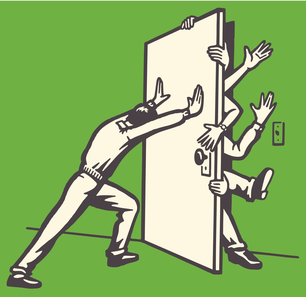 Cartoon of a man pushing on a door with people trying to get in from the other side