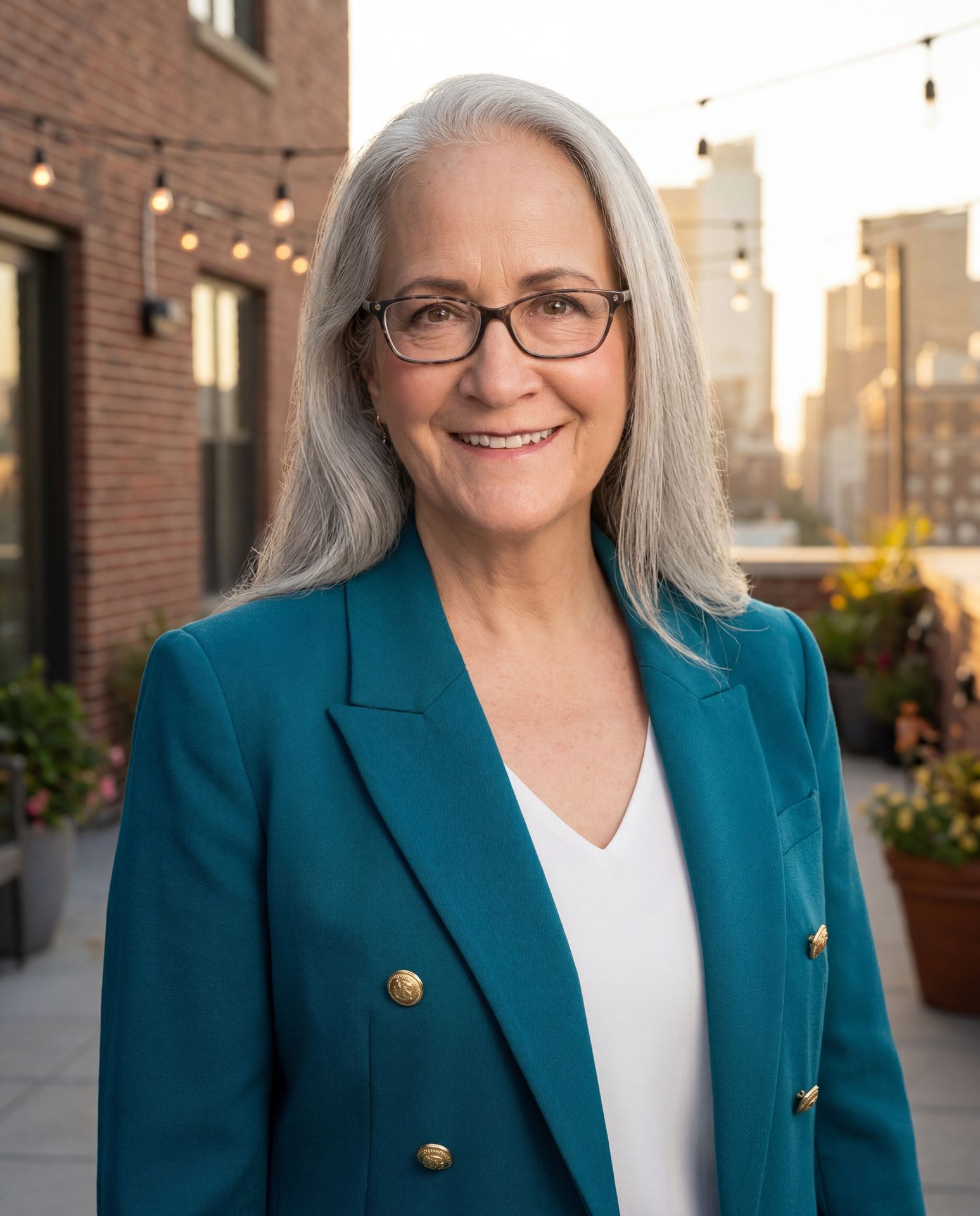 Abby McCarrel, LCSW, DCSW, a warm and experienced online parent coaching therapist in California, smiling outdoors in a teal blazer, founder of Welcome Home Family Therapy, specializing in brain-based parent coaching therapy for families of children with ADHD, autism, giftedness, and developmental trauma