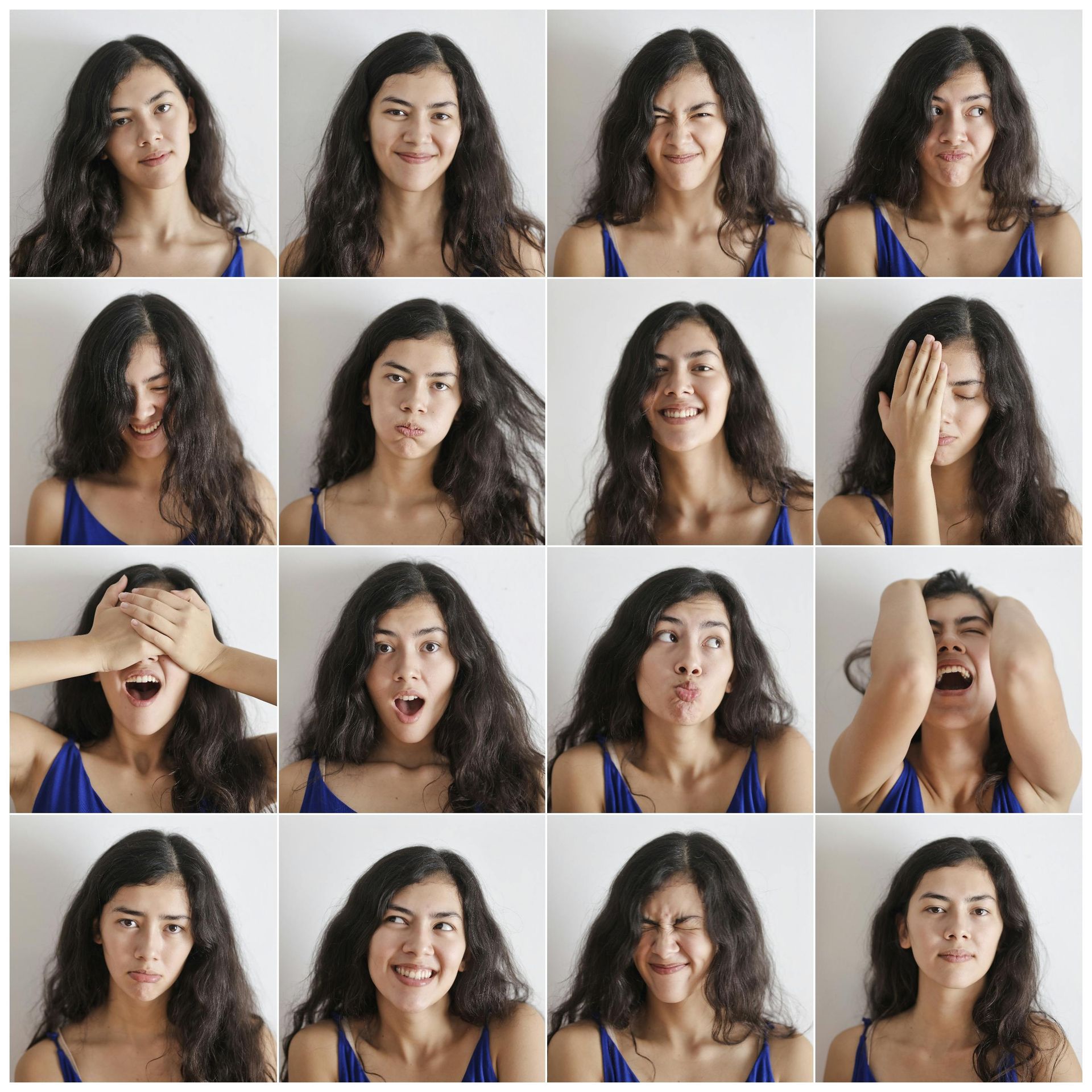 4x4 pictures of woman expressing emotions. perinatal postpartum mental health disorders online therapist alaska
