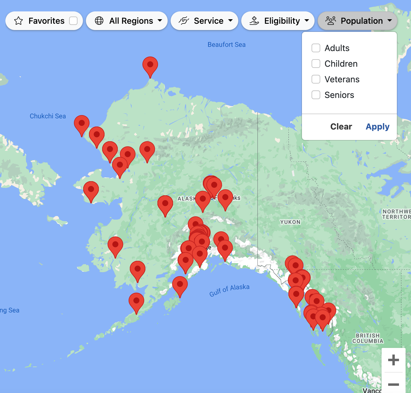 screenshot of TBI Resource Tool Locator; map of Alaska. Dropdown options include: favorites; Regions; Service; Eligibility; Population
