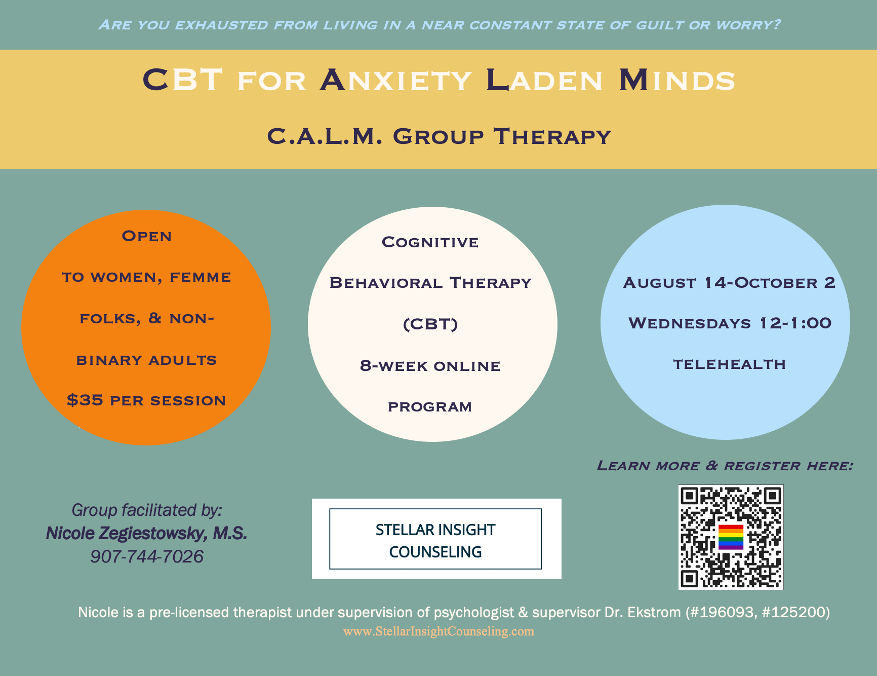 Online CBT for Anxiety group for adult women and non-binary adults. Online counseling in Alaska depression trauma