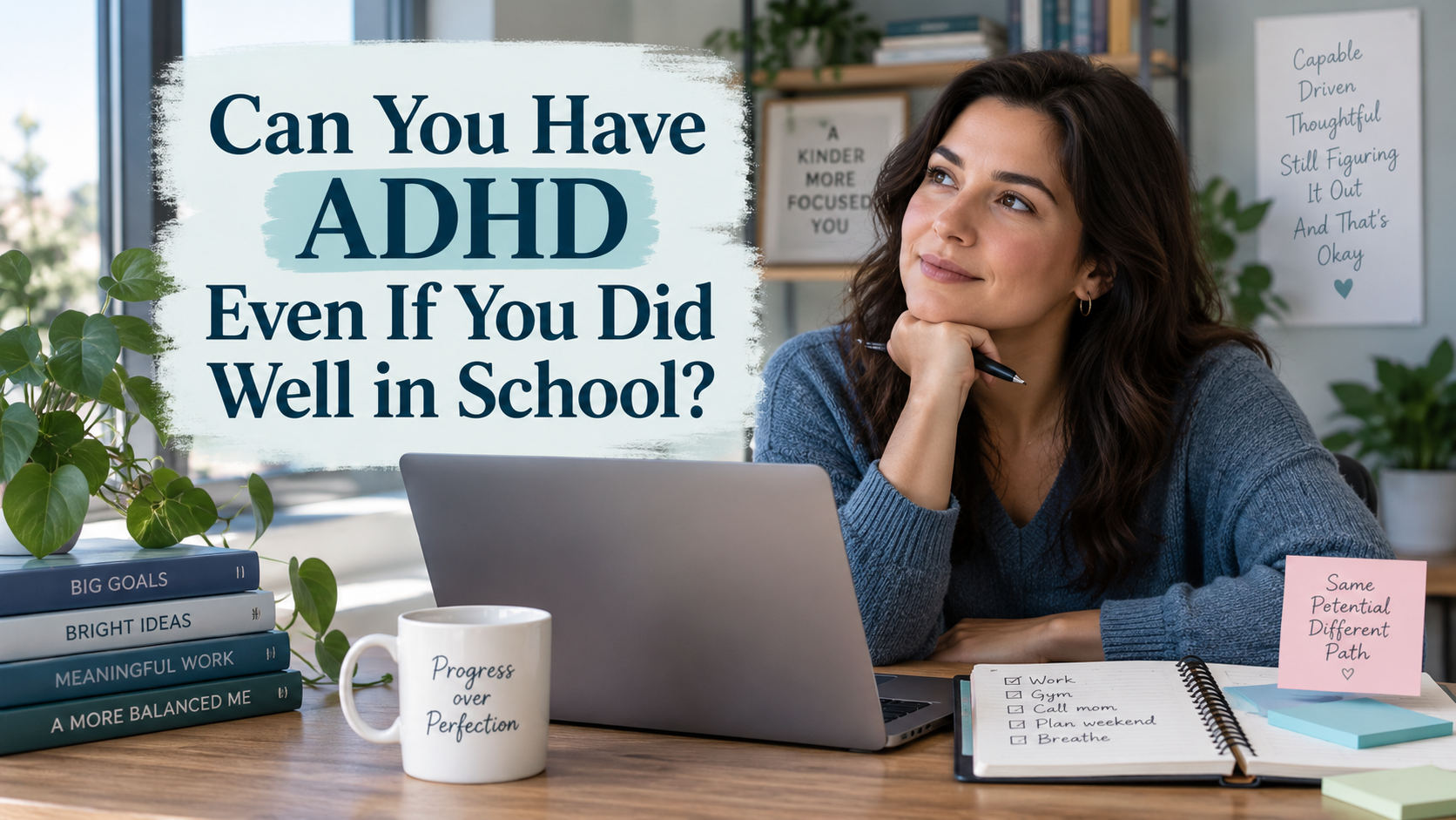 Adult woman reflecting at a desk beside text reading “Can You Have ADHD Even If You Did Well in School?”