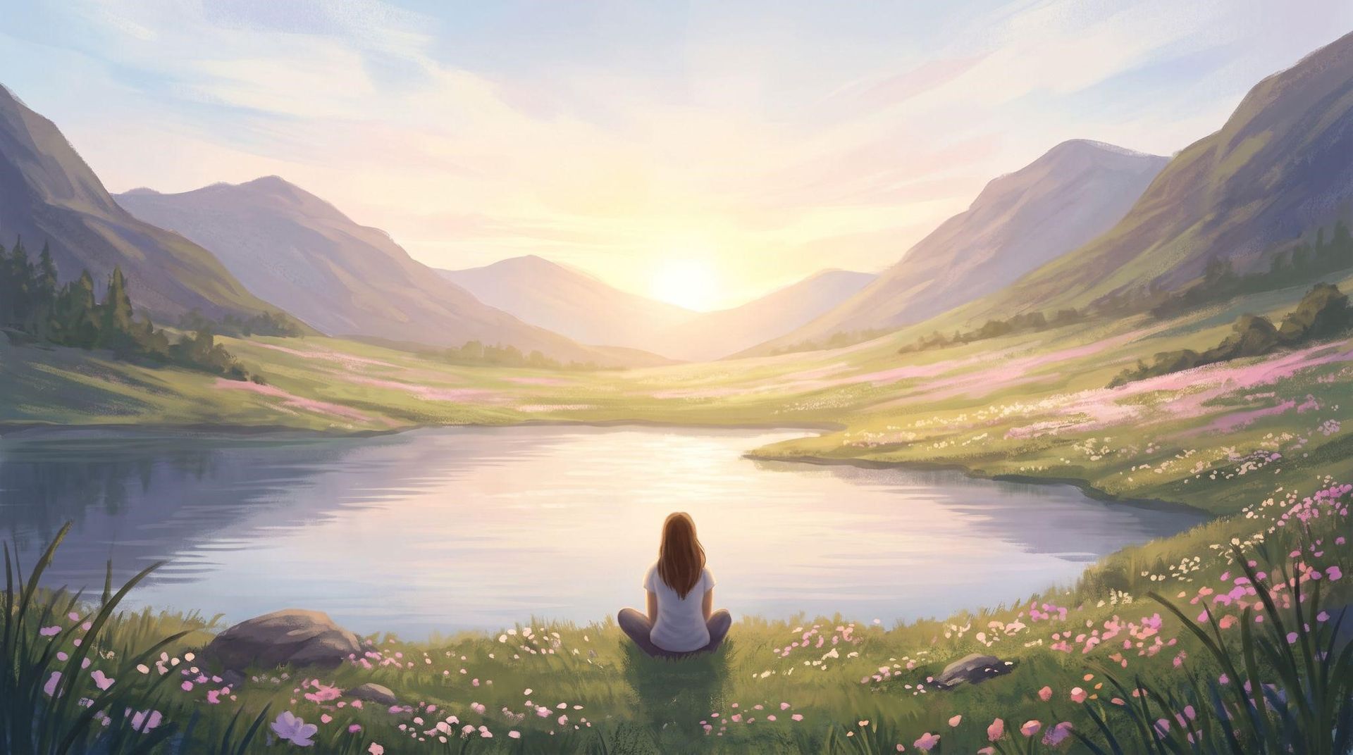 A serene, painterly photograph of a person sitting peacefully by a calm lake at sunrise, looking out toward a gentle mountain range and a soft, blooming valley, symbolizing healing and recovery.”