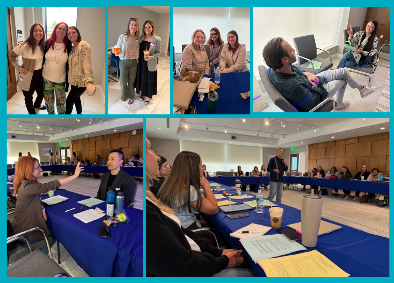 A collage capturing the energy of an advanced EMDR training in Delray Beach, FL, including attendees practicing protocols in pairs, small group conversations, and a full room of clinicians engaged in learning. Events like this reflect the growing community of practitioners committed to advancing EMDR therapy in Palm Beach County, FL.
