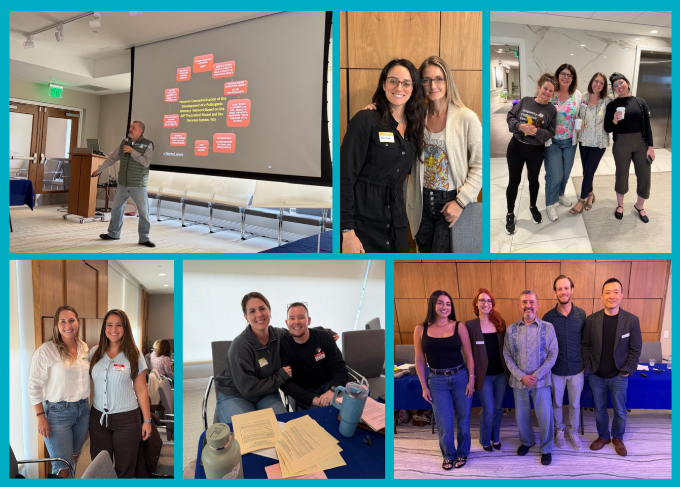 A collage of moments from an advanced EMDR training held in Delray Beach, FL, featuring a presenter delivering clinical content, attendees connecting between sessions, and small groups of therapists gathered throughout the event. The training brought together EMDR therapists in Palm Beach County, FL and beyond to deepen their expertise in specialized group trauma protocols.