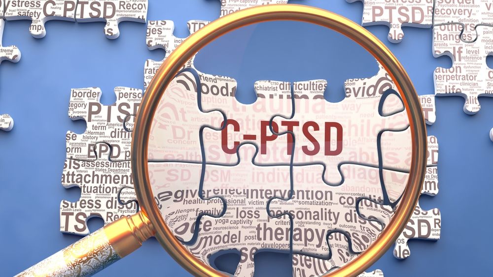 A magnifying glass focuses on the words C-PTSD at the center of an illustrated puzzle made up of trauma-related terms, representing the complex and layered nature of this condition. For many people seeking EMDR therapy in Palm Beach, FL, finally having language for what they have been experiencing is itself a powerful first step toward healing. An EMDR therapist in Palm Beach County, FL can help clients understand how repeated relational experiences have shaped their nervous system and their sense of self.