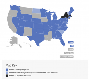A graphic showing the Psypact states in the US. Learn how online therapy in Florida can offer support with the help of an online therapist in Florida. Learn by contacting an online emdr therapist in florida today. 