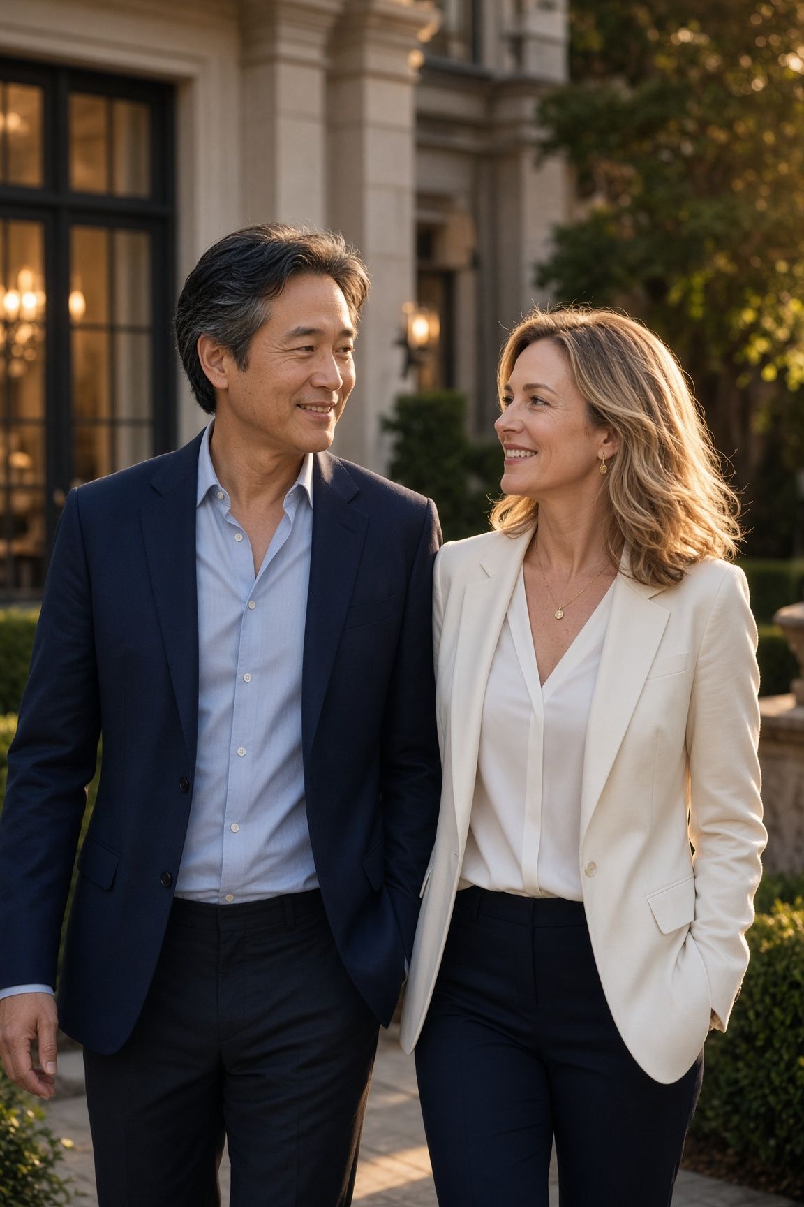 High-achieving couple in their 40s walking together outdoors in soft golden-hour light, smiling at each other with ease in an upscale residential setting