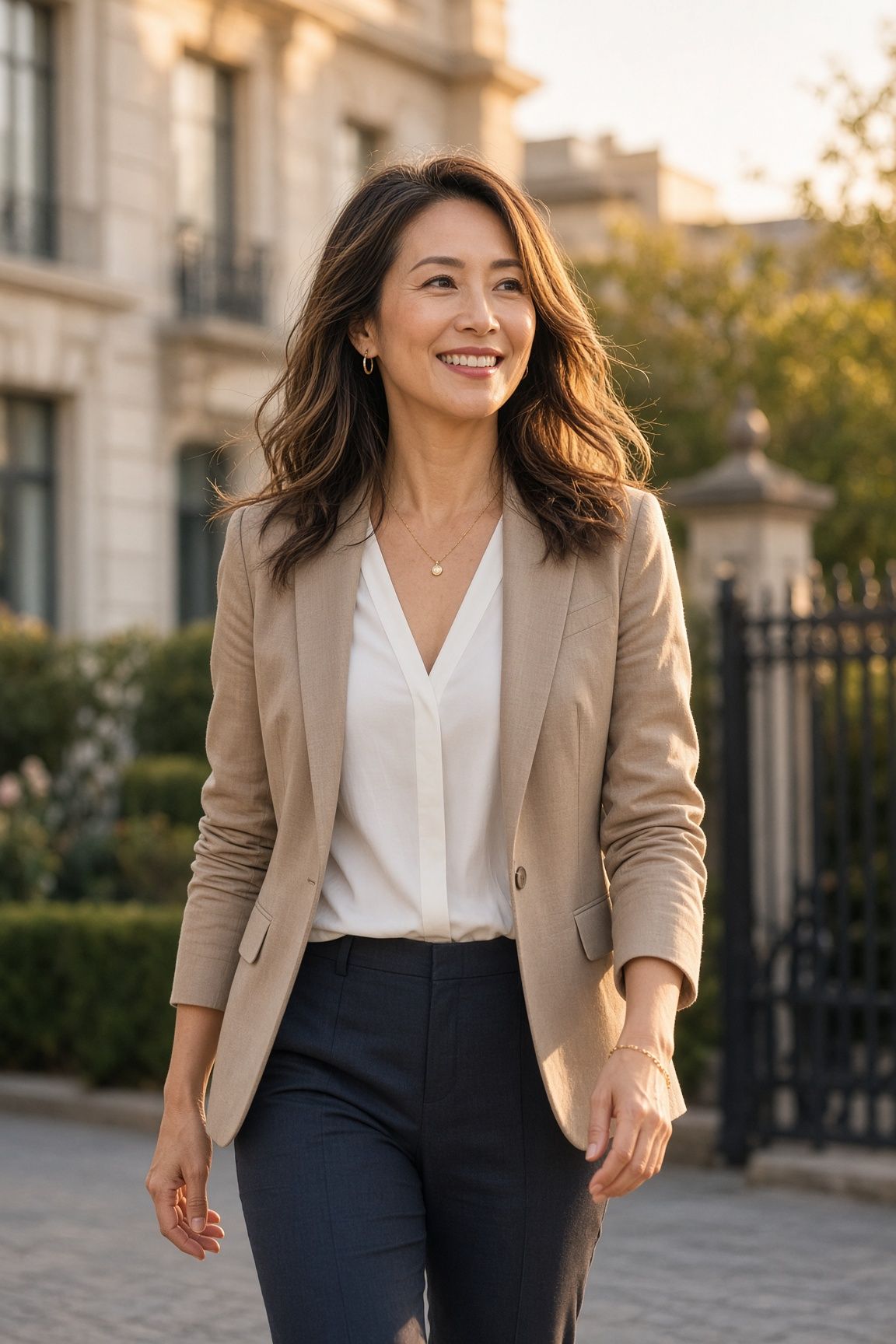 portrait of a high-achieving Asian and white woman in her 40s walking outdoors in soft golden-hour light, smiling with ease in an upscale residential setting