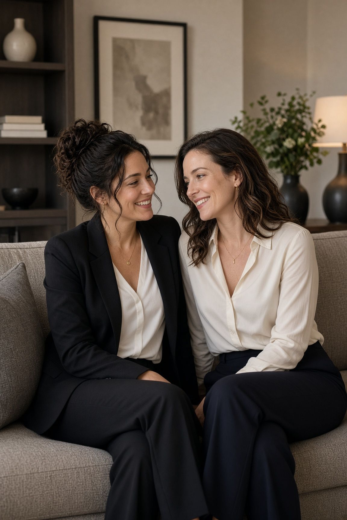High-achieving same sex female couple in their 30s sitting side by side on a contemporary sofa, leaning toward each other with genuine soft smiles in a calm, elegant home setting