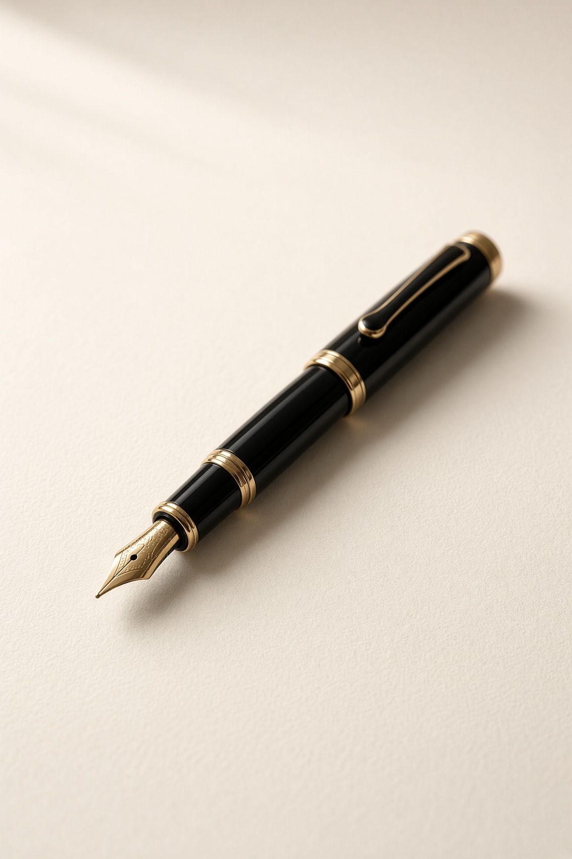 Refined pen resting on cream paper, symbolizing thoughtful communication