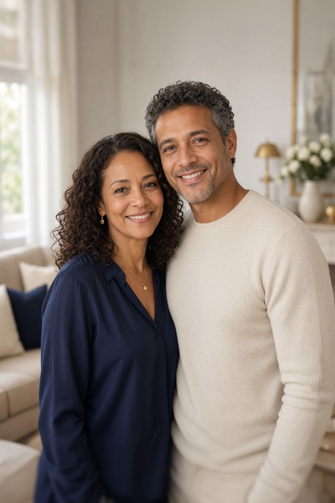 Photorealistic image of an elegant mixed race couple in their late 30s standing close together in a bright, refined living room