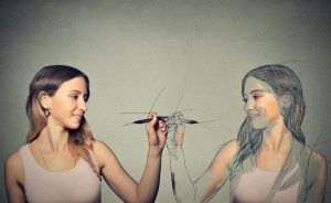 woman drawing a picture, sketch of herself
