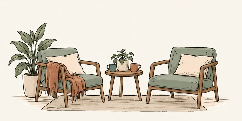 Hand-drawn illustration of two comfortable chairs in a warm, welcoming therapy office.