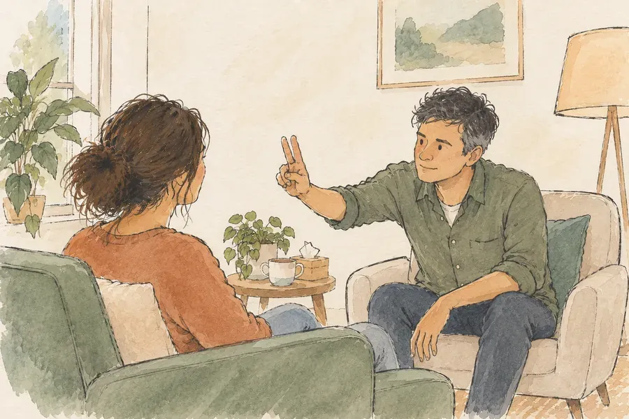 Hand-drawn illustration of a therapist guiding a client through eye movements during an EMDR therapy session.