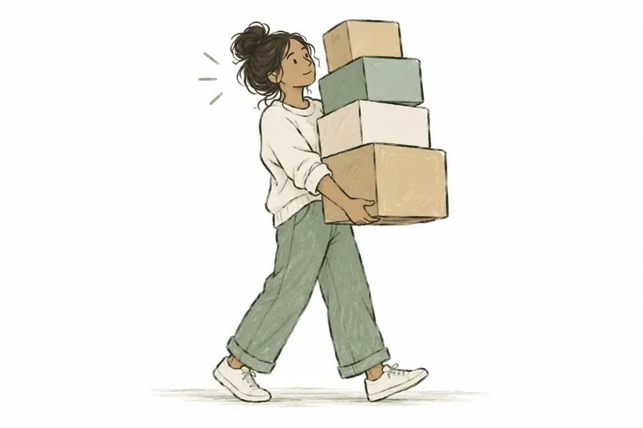 Hand-drawn illustration of a person carrying a tall stack of boxes.