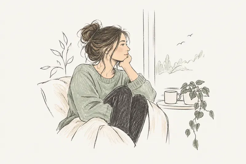 Hand-drawn illustration of a woman sitting quietly by a window, reflecting with an active mind.