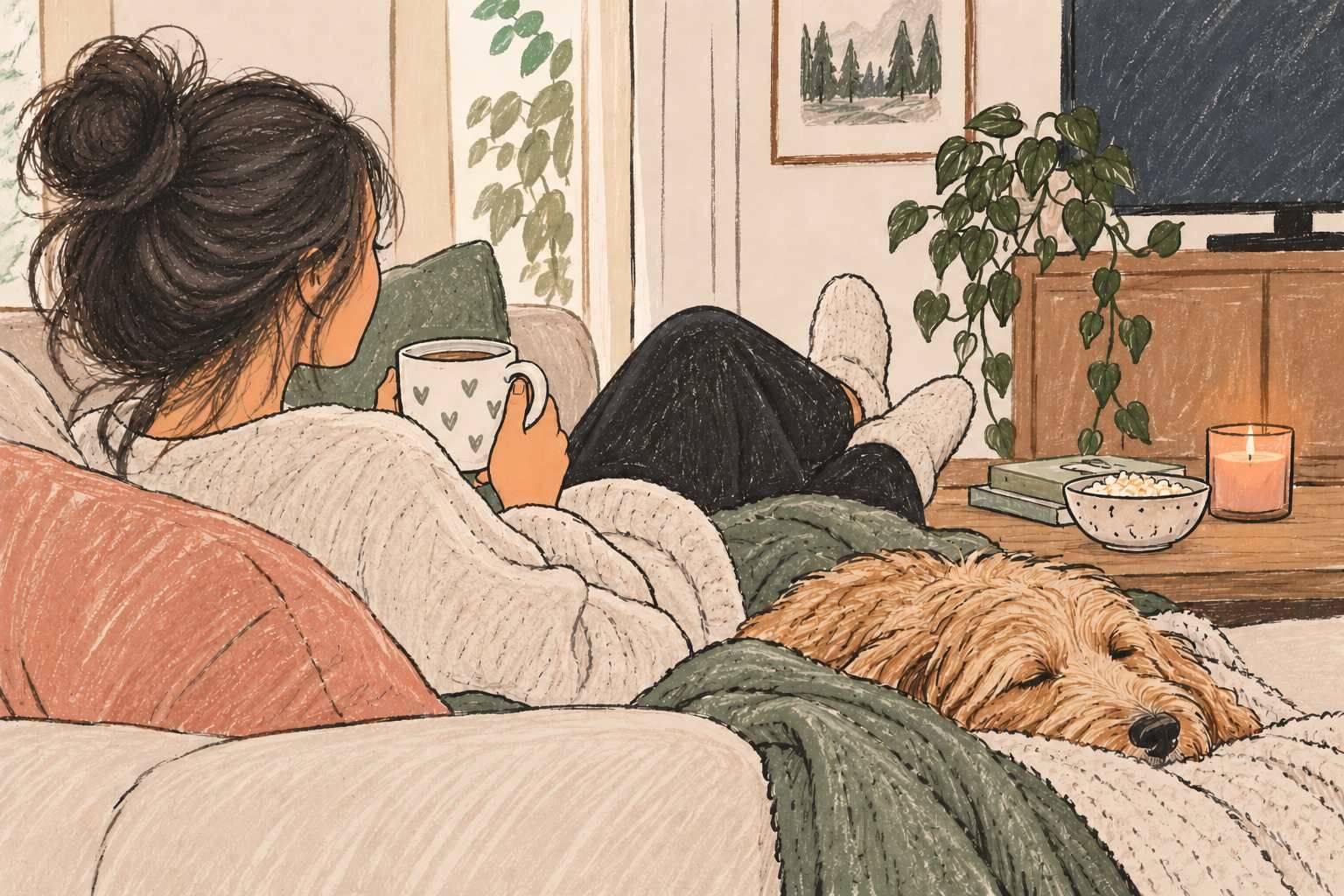 Hand-drawn illustration of a woman with subtle grey hair relaxing on a cozy sofa with a warm drink and sleeping dog, enjoying a quiet evening at home.