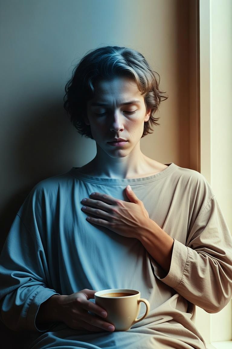 Young person placing hand on chest, online therapy for anxiety in Colorado.