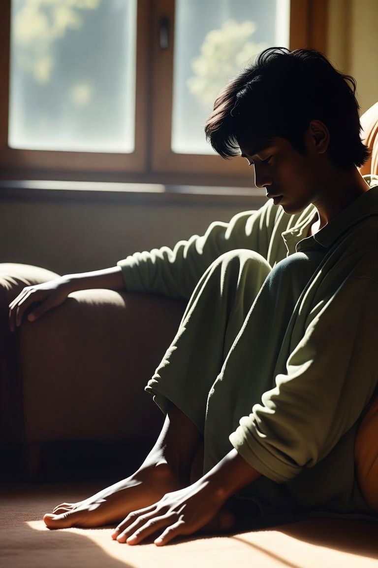 alt="Man sitting on the floor, online therapy support for PTSD in Colorado"
