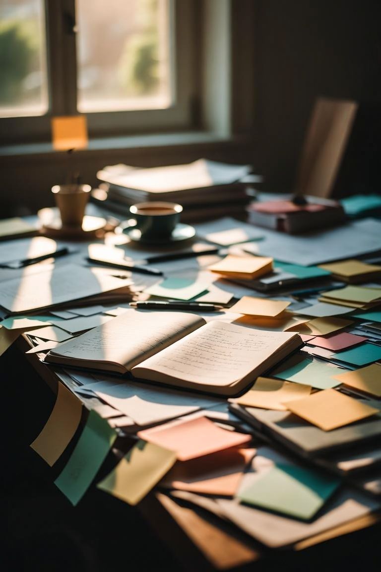 "Cluttered desk with scattered papers, representing ADHD and difficulty focusing"