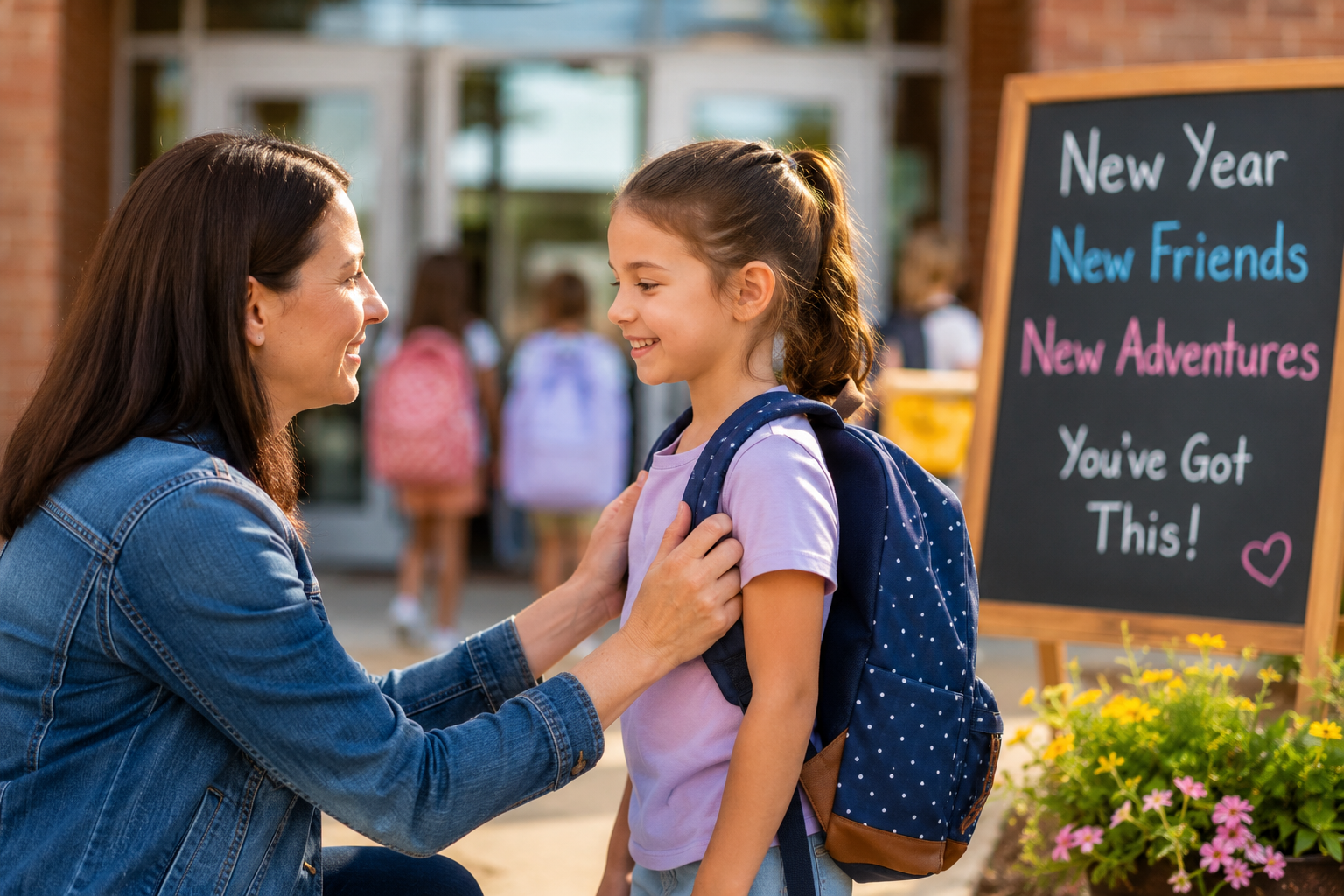 mom and child smiling as child return to school